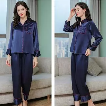 Чистый шелк Женская осенняя повседневная пижама для девочек, домашний кардиган с лацканами на пуговицах, тонкий комплект из двух предметов, 100% шелковая пижама, домашняя одежда L синий