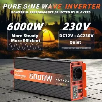 Чистый синусоидальный инвертор постоянного тока 12 В в переменный ток 220 В 50 Гц, розетка ЕС, 1600 Вт, 2500 Вт, 3500 Вт, 4500 Вт, 6000 Вт, трансформатор-преобразователь вольтметра со светодиодом