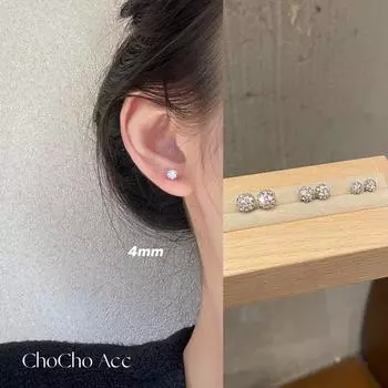Chocho/S925 Silver Needle Super Shiny Zircon Ball Stud Earrings Niche High-Grade Sense Small Ear Piercing All-Match Earrings 4mm 925 silver needle