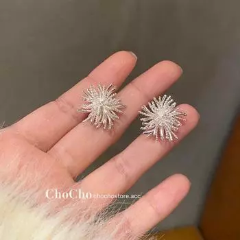 Chocho/Silver Frost Fall Korean Style Refined Zircon Flower Stud Earrings Fancy Unique Design Sense Earrings Earrings for Women Silver Frost Falling 925 Silver Needle