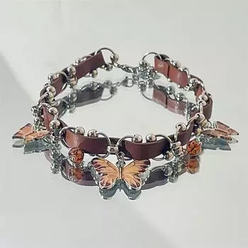 Чокер из кожи цвета Майяр Браун Женские аксессуары Brown Butterfly Ring Leather Necklace