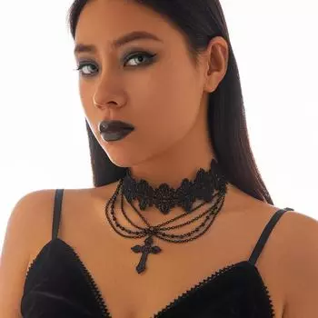 Чокер в стиле панк с бусинами: Женское ожерелье с кисточками из европейских и американских драгоценных камней — украшения ручной работы для вечеринки на Хэллоуин 6626k1 чёрный