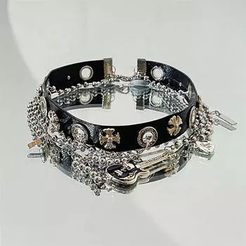 Чокер Yabi Wind Черное кожаное ожерелье Женские аксессуары Guitar Tassel Black Leather Collar