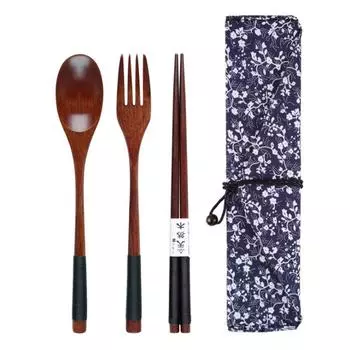 Chopsticks Tableware Wooden Cutlery Sets with Spoon Fork Cloth Bag Environmentally Friendly Travel Portable Dinnerware Tableware