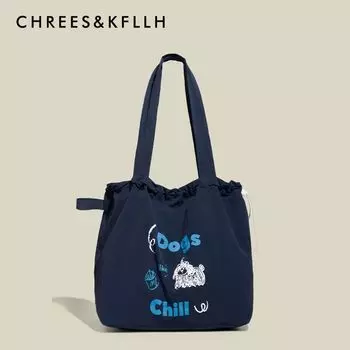 Chrees & Kfllh Korean Series Lazy Canvas Bag Women 2025 New Large Capacity Drawstring Shoulder Tote Bag Navy blue
