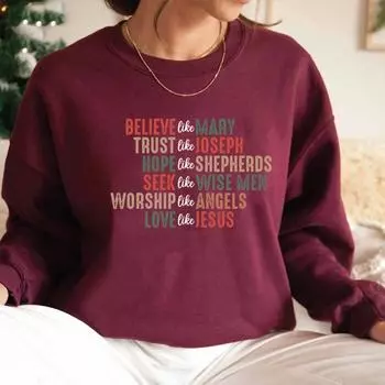 Christian Christmas Sweatshirt Believe Like Mary Shirt Christmas Faith Sweatshirt Women Crewneck Sweatshirts Vintage Hoodies Top S чёрный