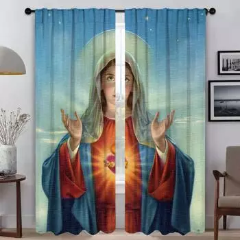 Christian Virgin Mary Anti-mosquito Curtains for Camera Living Room Curtain Tulle for Bedroom Kitchen Curtains 2 Pieces Shades W50xH70cmx2pcs-CL