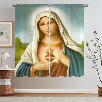 Christian Virgin Mary Curtain White Curtains for Living Room Curls Tulle in Kitchen Curtains 2 Pieces Window Tentacles Blind W50xH70cmx2pcs-CL