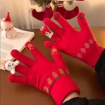 Милые красные вязаные перчатки на Рождество и Новый год для женщин на осень и зиму с разделенными пальцами и бархатом, чтобы согреть студентов во время верховой езды average size