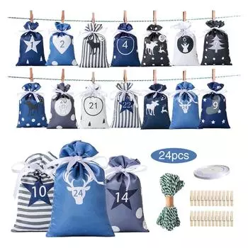 Christmas Arrival Calendar Gift Bag Reusable Polyester Bags One Size синий