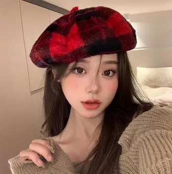 [Рождественская атмосфера] имитация норки мягкий восковой плюшевый берет детский красный клетчатый универсальный шляпа художника прилив M(56-58cm) красный