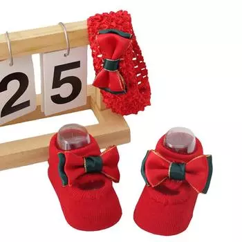Christmas Baby Girl Non-Slip Socks with Grips 3D Bow Warm Floor Crawling Socks Headband S