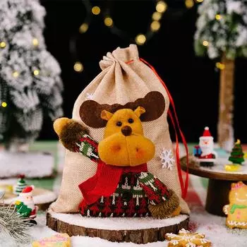 Christmas Bag Decorations Red Linen 3D Doll Candy Bag Home Christmas Gift Bag Holiday New Year Elk Children s Dress Up Items 20X28CM