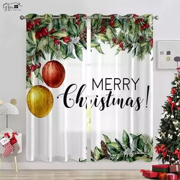 Christmas Ball Car Wood Cartoon Print Curtains Bedroom Living Room Restaurant New Year Holiday Party Decorative Curtains 2PCS W50xH130(CM)x2PCS&Grommet Top