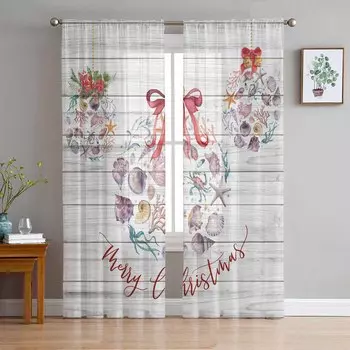 Christmas Ball Shell Sea Star Conch Watercolor Sheer Curtains Modern Gauze Curtain for Living Room Bedroom Voile Yarn Curtains W135 x H114cm
