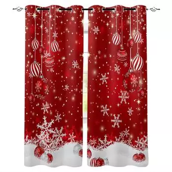 Christmas Ball Snowflake Red Background Blackout Curtains for Kids Home Decor Bedroom Living Room High Shading Window Curtains W135 x H60cm