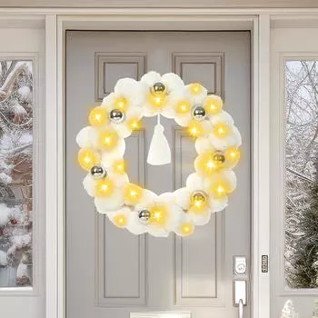 Christmas Ball Wreath with Lights Pom Farmhouse Decorative Shatterproof for