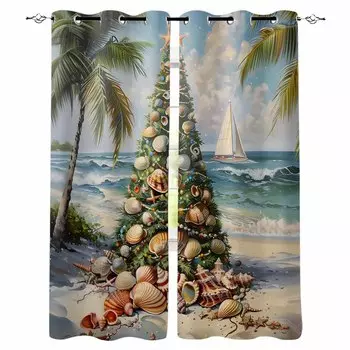 Christmas Beach Christmas Tree Sailing Palm Tree Blackout Curtains For Living Room Bedroom Window Treatment Blinds Drapes W135 x H60cm