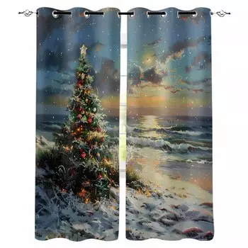 Christmas Beach Christmas Tree Sunset Blackout Curtains For Living Room Bedroom Window Treatment Blinds Drapes Kitchen Curtains W135 x H60cm