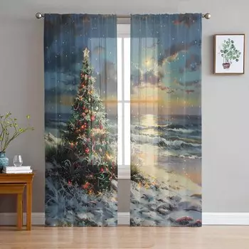 Christmas Beach Christmas Tree Sunset Curtains For Living Room Bedroom Home Decoration Window Voile Tulle Curtain Drapes W135 x H114cm