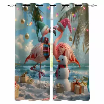 Christmas Beach Palm Tree Snowman Flamingo Blackout Curtains For Living Room Bedroom Window Treatment Blinds Drapes W135 x H60cm