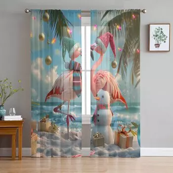 Christmas Beach Palm Tree Snowman Flamingo Curtains For Living Room Bedroom Home Decoration Window Voile Tulle Curtain Drapes W135 x H114cm