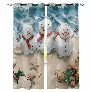 Christmas Beach Snowman Sea Star Shell Blackout Curtains For Living Room Bedroom Window Treatment Blinds Drapes Kitchen Curtains W135 x H60cm