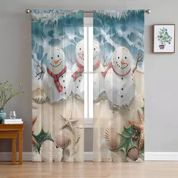 Christmas Beach Snowman Sea Star Shell Curtains For Living Room Bedroom Home Decoration Window Voile Tulle Curtain Drapes W135 x H114cm