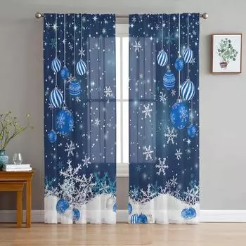 Christmas Blue Christmas Ball Snowflakes Grey Sheer Curtains Bedroom Living Room Decoration Kitchen Tulle Voile Window Curtain W135 x H115cm x1&Rod Pocket