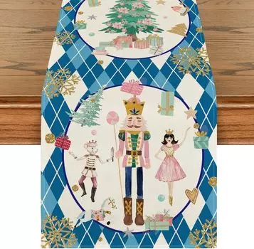 Christmas Blue Diamond Plaid Nutcracker Snowflake LinenTable Runner Winter Xmas Kitchen Party Table Decor Navidad Decorations 150x33cm 59x13inch