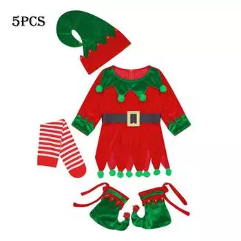 Christmas Boys Girls Elf Costume Toddler Xmas Cosplay Set Dress Stockings Shoes 90cm