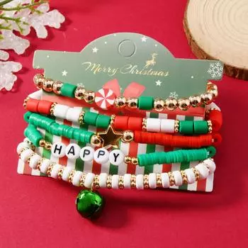 Christmas Bracelet Set, Beaded Soft Pottery Santa Claus Elastic Bracelet Gifts, Accessories
