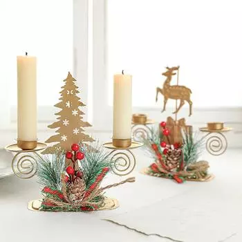 Christmas Candle Holder with Artificial Snowy Pine Needles Iron Candlestick Holiday Table Centerpiece Christmas Home Decorations