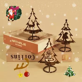 Christmas Candle Holders Xmas Tree Candlesticks Merry Christmas Iron Decoration Ornament Desktop Wooden Santa Claus Candlestick