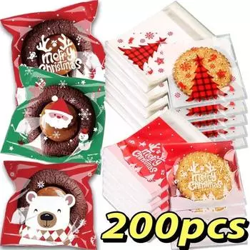 Christmas Candy Cookie Donut Packaging Bags Christmas Self Adhesive Gift Bag Xmas New Year Navidad Noel Decoration C-100PCS