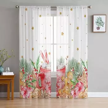 Christmas Candy Gingerbread Man Needle Tulle Curtains for Living Room Bedroom Decor Chiffon Sheer Voile Kitchen Window Drapes W135 x H114cm
