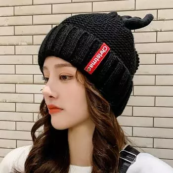Christmas cartoon antler knitted hat thickened velvet ear protector wool hat cute student winter thermal hat M56-58cm красный