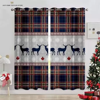 Christmas Cartoon Elk Black Red Check Curtains, 2 Panels, Deluxe Home, Living Room, Bedroom, Balcony, Kitchen, Kids Room Decor W50X130H(CM)X2PCS&Grommet Top