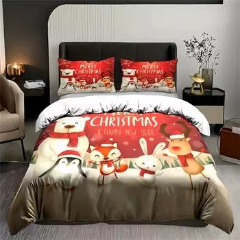 Christmas Cartoon Reindeer, Penguin, Fox, White Rabbit, Snow Field Print Soft Comfortable Bedding Set For Bedroom Dorm Room cot size 70x133cm
