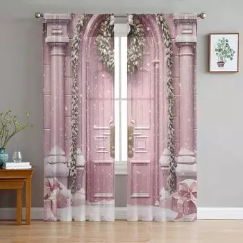 Christmas Castle Snowflakes Yarn Curtain Window Tulle Curtains For Living Room Kitchen Sheer Window Treatments Voile Curtains W135 x H115cm x1&Rod Pocket