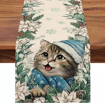 Christmas Cat Kitten Poinsettia Snowflake Linen Table Runner Winter Dresser Scarf Kitchen Table Decor Navidad Decorations 2025 150x33cm 59x13inch