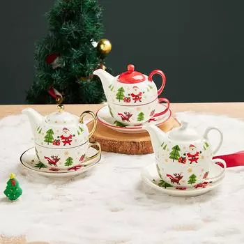Christmas Ceramic Tea Set Combination Teapot Teacup with Saucer Large Capacity Christmas Graffiti Coffee Teaware Sets Gift Box