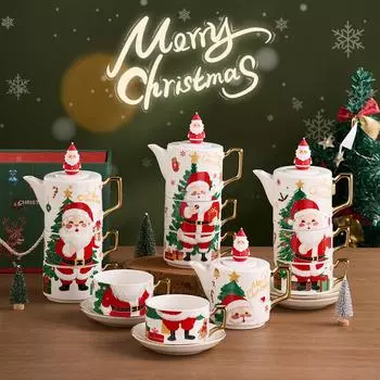 Christmas Ceramic Teapot Set with One Pot and Two Cups