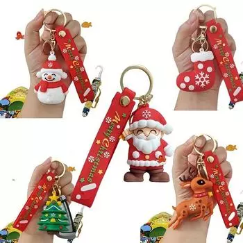 Christmas Charm Keychain Santa, Reindeer Tree Figurines, PVC Cartoon Car Key Ring , Bag Accessory ,Perfect Couple s Gift for Holidays 5 Combination Packs