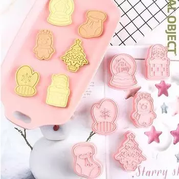 Рождественские формочки для печенья, пластиковые 3D-формы для печенья, мультяшные, прессуемые, формы для печенья, кухонные штампы, инструменты для выпечки кондитерских изделий своими руками 6pcs(With box)