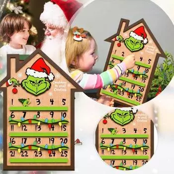 Christmas Countdown Calendar Sign 25-Day Wooden House Shape Green Elf Advent Calendar