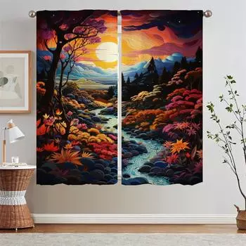 Christmas Curtains Salon 2 Pieces Flowers and Trees Ready Curtains Cheap Things With Free Shipping for Home Blinds Curtain Curls W50xH70cmx2pcs-CL