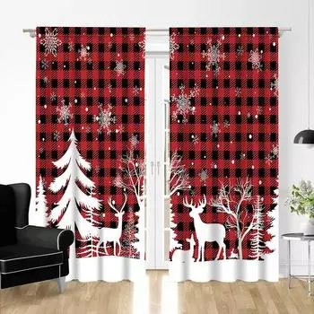 Christmas Curtains with Red Checkered and Reindeer Design, Machine Washable, Perfect for Living Room, Bedroom, Kitchen and Farmh