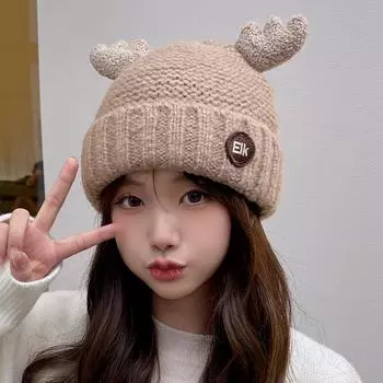 Christmas cute antler knitted hat autumn and winter new letter embroidered wool hat fashionable simple student hat female M56-58cm розовый