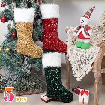 Christmas Day Decorations Sequins Plush Christmas Stockings Kids Gift Bags Hanging Decorations Creative Bags Gift Boutique Bags One Size